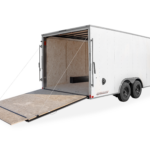 Impact Trailers | Trailer Models | Quake Car Hauler Trailer | Gallery Image | Good Model image of back right of trailer with rear fold down door folded down and a ramp door door extended out | Image 5