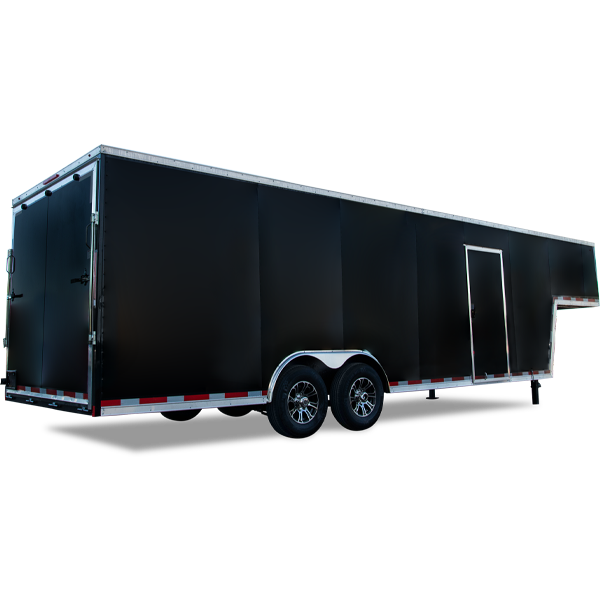 Impact Trailers | Trailer Models | Enclosed Cargo Trailers | Shockwave Enclosed Gooseneck Car Hauler Trailer | All Black with silver trim